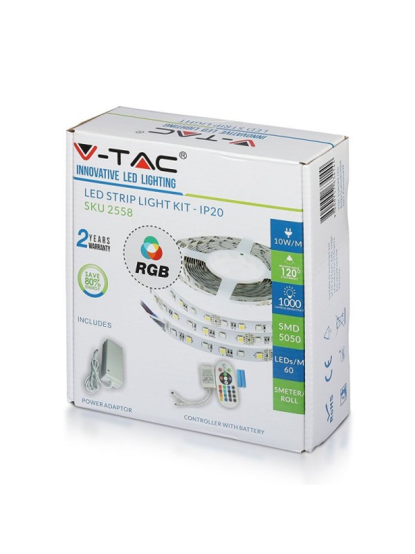 Комплект LED ленти RGB V-TAC 2558, С дистанционно, 10W/м, 1000 лумена/м, Цветна светлина, Включен адаптер, IP20, 5 м