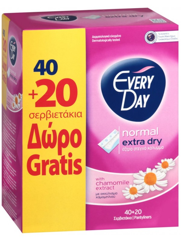 Ежедневни дамски превръзки EveryDay Normal Extra Dry с екстракт от лайка в опаковки от 40 броя + 20 подарък